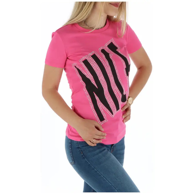 Bright pink short-sleeved t shirt with bold black Nike lettering outlined in sparkling rhinestones with nice design