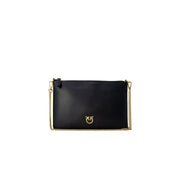 Pinko black faux leather crossbody bag with gold-tone chain strap and matching logo clasp for shoulder wear