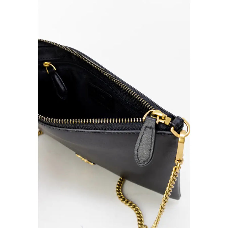 Pinko black faux leather clutch handbag with gold-tone chain strap and zipper hardware for elegant occasions