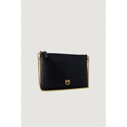 Pinko black faux leather crossbody clutch with gold-tone chain strap and matching logo clasp for shoulder wear