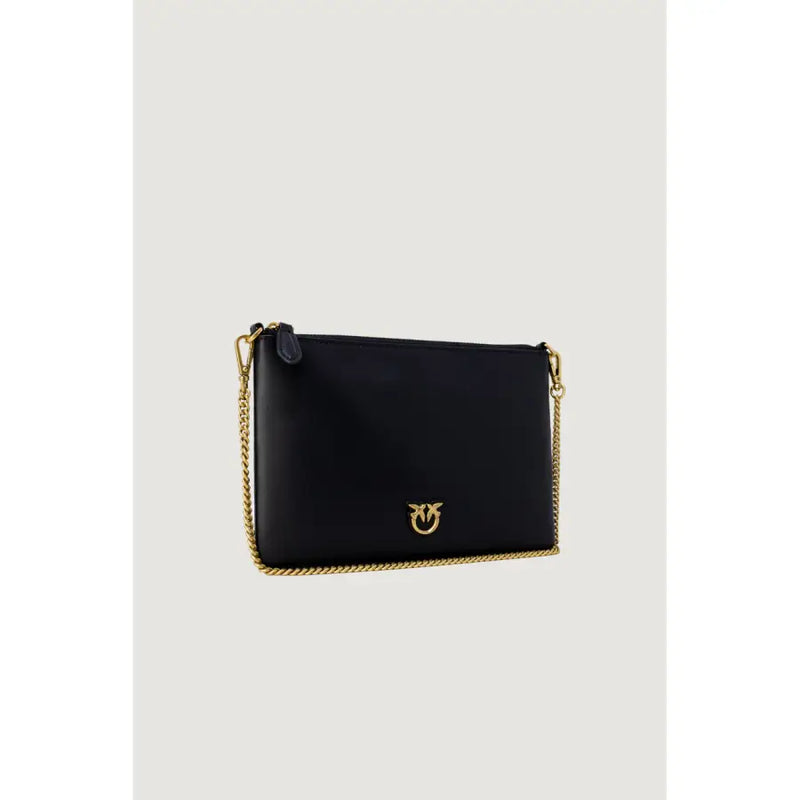 Pinko black faux leather crossbody clutch with gold-tone chain strap and matching logo clasp for shoulder wear