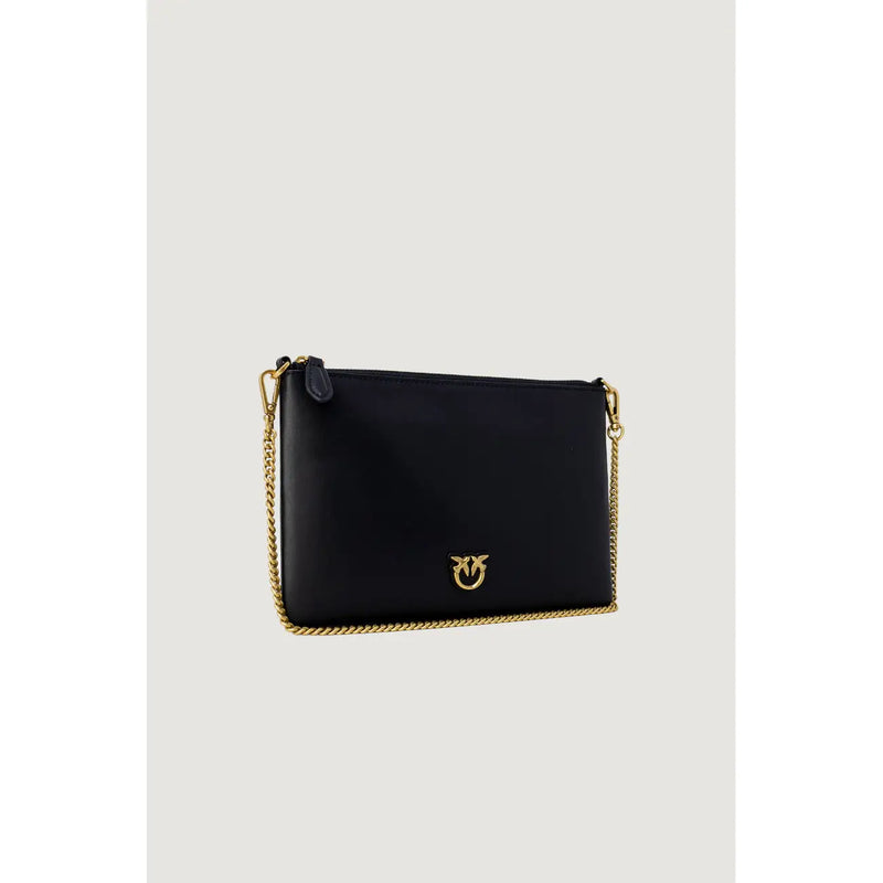 Pinko black faux leather crossbody clutch with gold-tone chain strap and matching logo clasp for shoulder wear