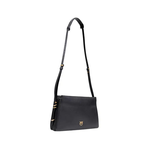 Black faux leather shoulder bag with gold hardware and inside pocket by Pinko