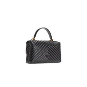 Pinko black leather handbag with magnet closure featuring quilted leather and gold-tone hardware in a chevron pattern