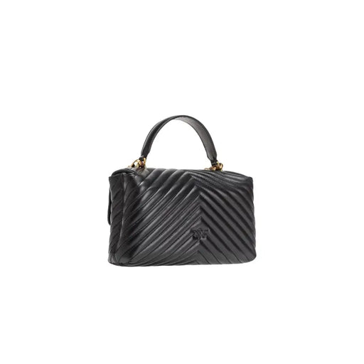 Pinko black leather handbag with magnet closure featuring quilted leather and gold-tone hardware in a chevron pattern