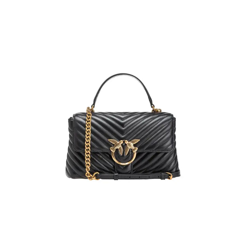 Pinko black quilted leather bag with gold chain strap, bird clasp, magnet closure