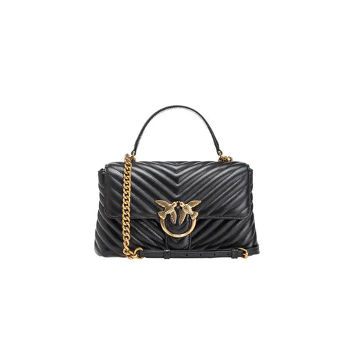 Pinko black leather bag with quilted design gold-tone chain strap and distinctive bird clasp magnet closure