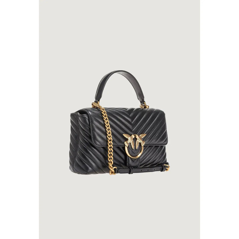 Pinko black leather bag with magnet closure featuring black quilted leather and gold-tone chain handle with bird clasp