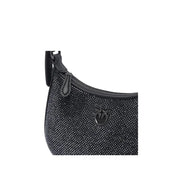 Pinko black leather handbag with rhinestones, textured sparkling surface and zip pocket