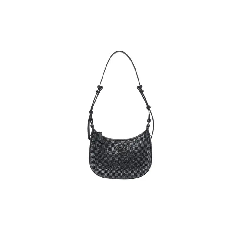 Pinko black leather handbag with mesh shoulders, rhinestones and zip pocket