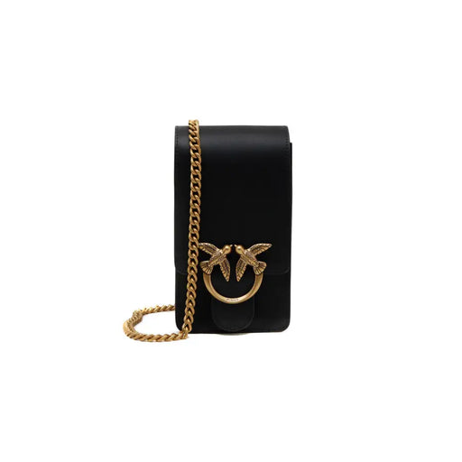 Pinko black leather shoulder bag with black leather crossbody design, gold-tone chain strap, and bird-shaped clasp