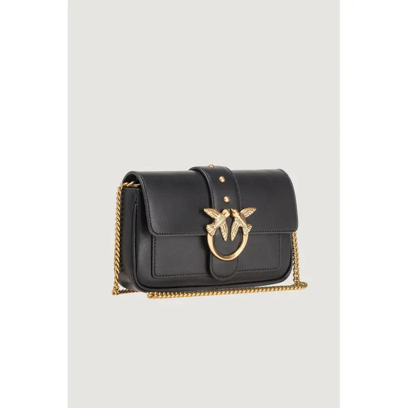 Pinko black leather shoulder bag with gold chain strap, bird clasp, interior pocket