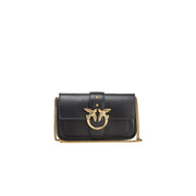 Pinko black leather shoulder bag with gold-tone chain strap and bird-shaped clasp featuring interior pocket