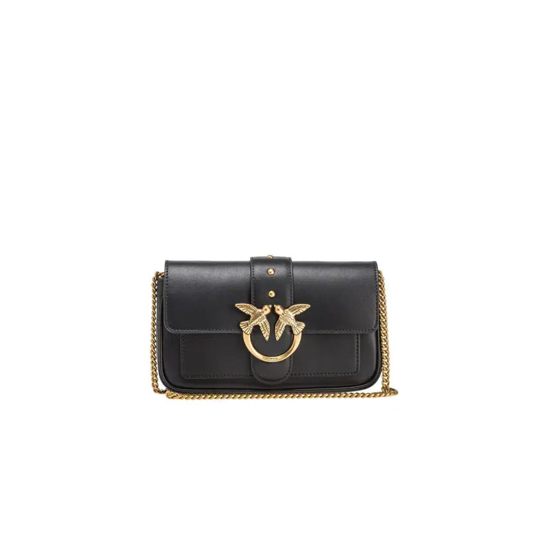 Pinko black leather shoulder bag with gold chain strap, bird clasp, interior pocket