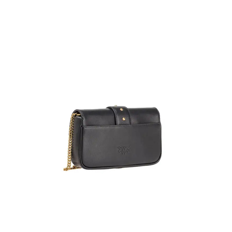 Black leather Pinko shoulder bag with gold-tone chain strap and subtle embossed logo featuring interior pocket