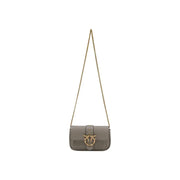 Pinko gray leather crossbody bag with gold bird clasp and chain strap