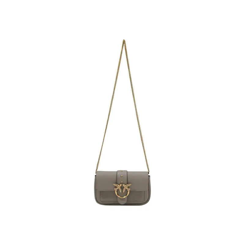 Pinko gray leather crossbody bag with gold bird clasp and chain strap