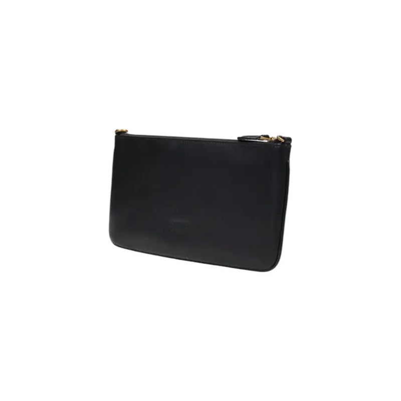 Pinko black leather clutch bag with gold-tone zipper hardware and inside pockets for organized storage