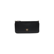 Pinko black leather clutch with gold-tone bird logo and zipper closure featuring inside pockets for organization