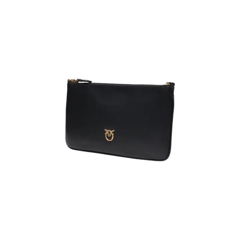 Pinko black leather zip bag with gold-tone zipper and distinctive golden bird logo on the front with inside pockets