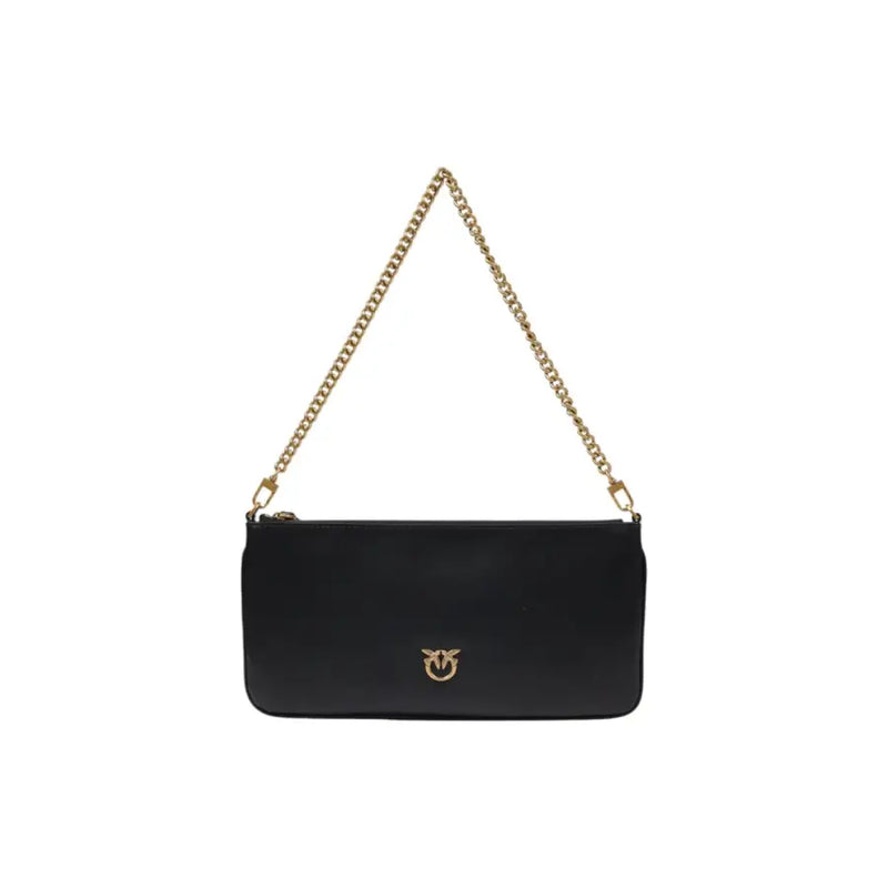 Pinko black leather zip crossbody bag with gold chain strap and logo