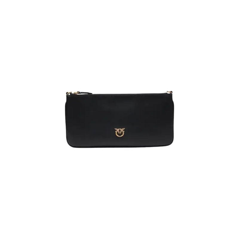 Pinko black leather zip clutch bag with gold bird logo and pockets