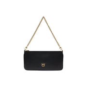 Pinko black leather crossbody bag with gold-tone chain strap and small elegant logo emblem with inside pockets