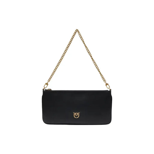 Pinko black leather crossbody bag with gold-tone chain strap and small elegant logo emblem with inside pockets