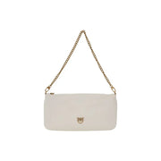 Pinko sleek white leather crossbody bag with gold chain strap and bird emblem