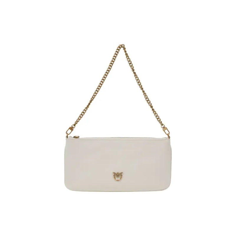 Pinko sleek white leather crossbody bag with gold chain strap and bird emblem