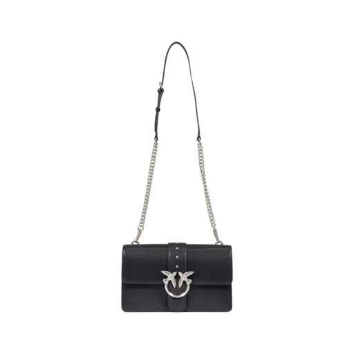 Pinko black polyurethane shoulder bag with black leather crossbody design and silver bird clasp with chain strap