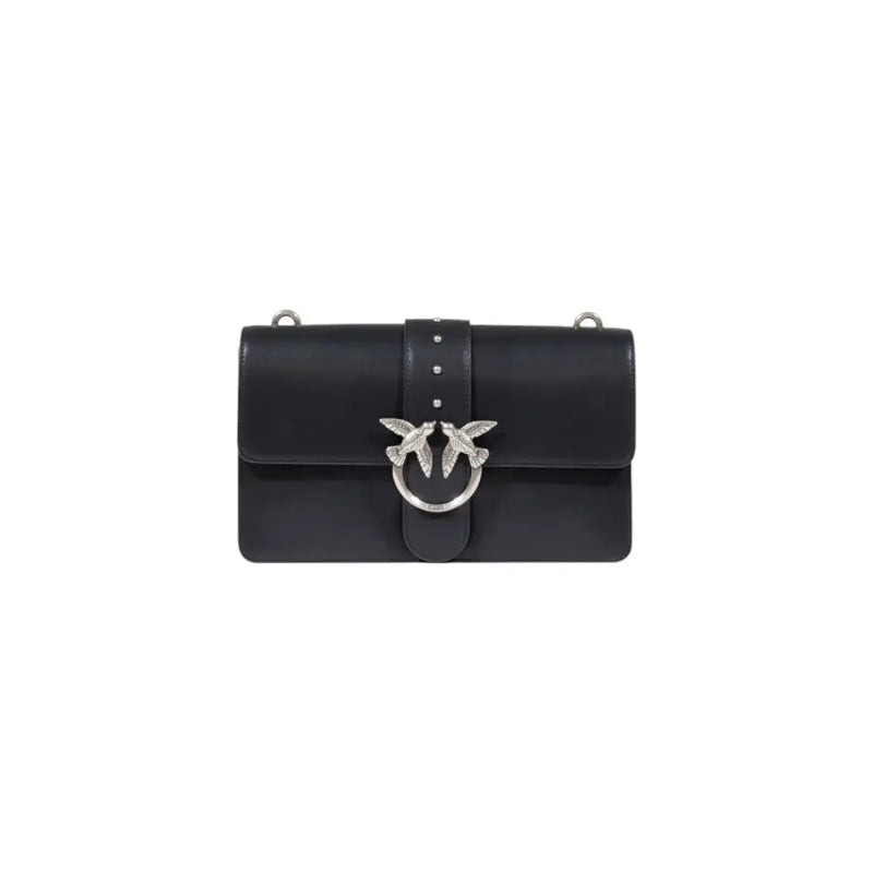 Pinko black polyurethane crossbody bag with silver-tone bird clasp embedded with crystals and interior pockets