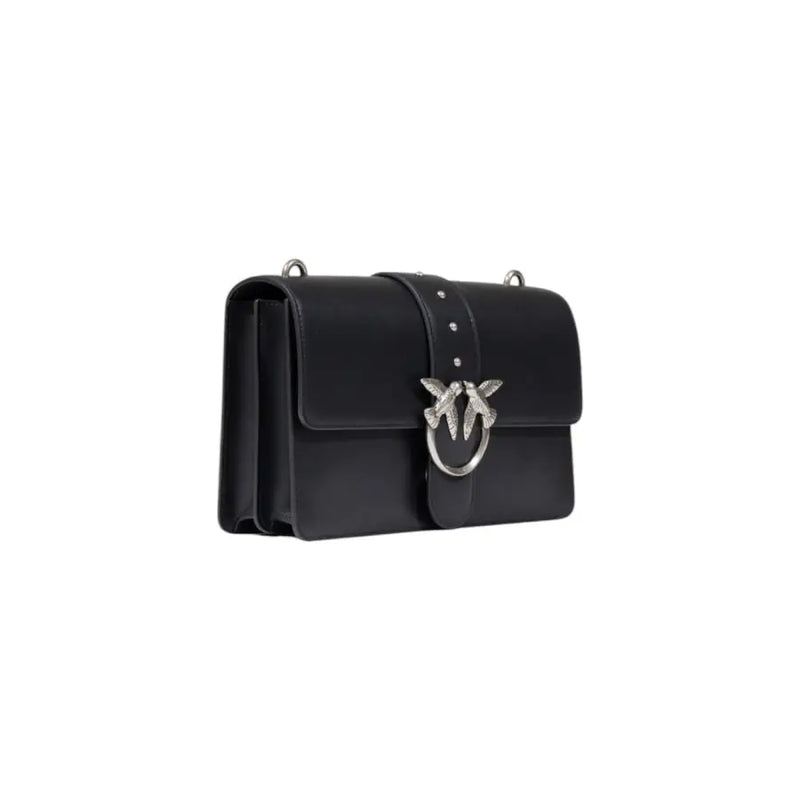 Pinko black polyurethane shoulder bag with black leather crossbody design, silver bird clasp, and interior pockets