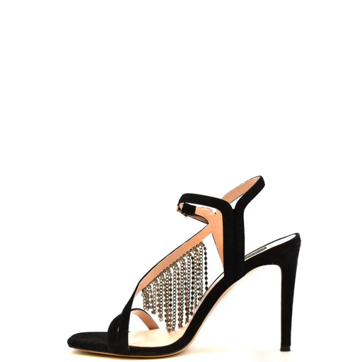 Pinko black suede stiletto sandals with slender heel, silver bead fringe, buckle, and bow