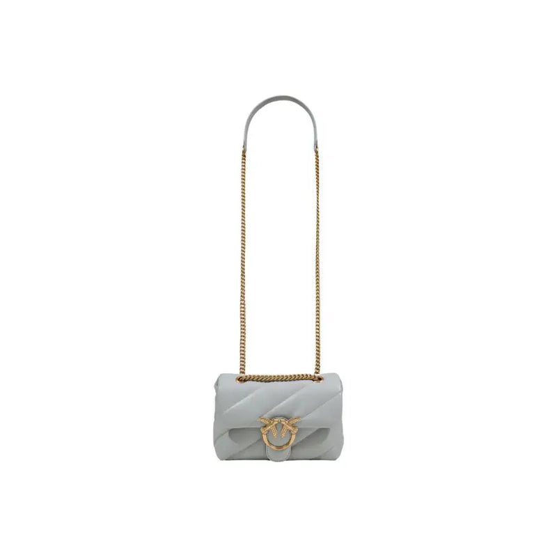 Pinko grey leather handbag with light gray quilted crossbody bag featuring gold-tone chain strap and signature bird clasp