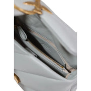 Pinko grey leather handbag featuring light blue quilted design gold-tone hardware and signature logo clasp with inside pockets
