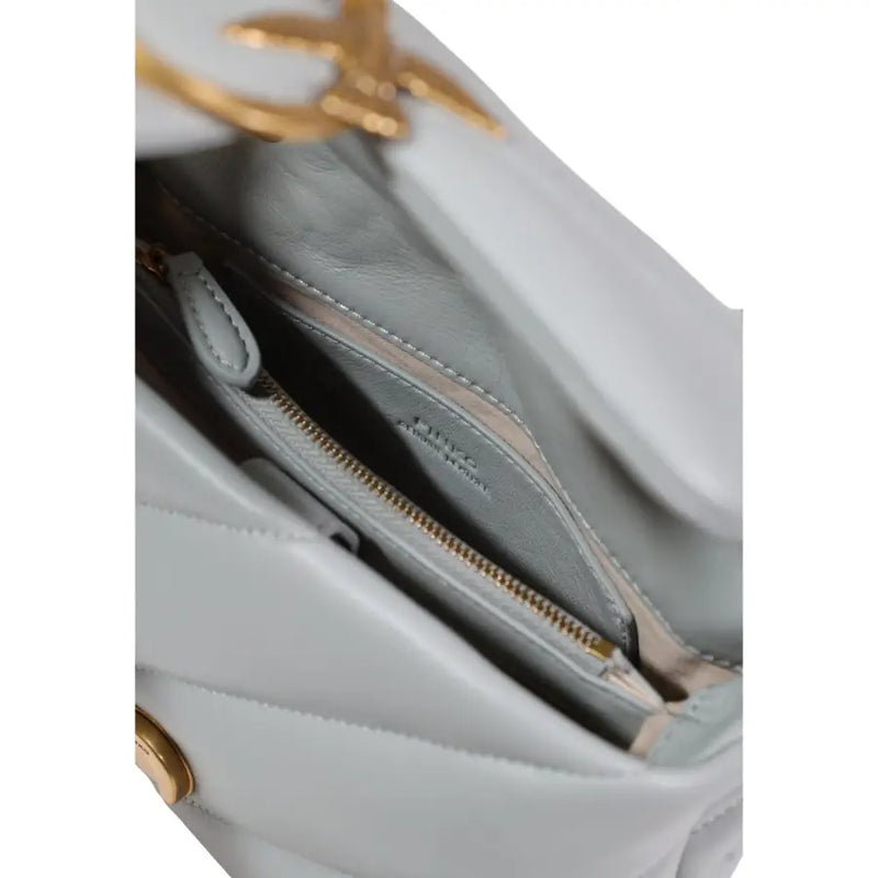 Pinko grey leather handbag featuring light blue quilted design gold-tone hardware and signature logo clasp with inside pockets