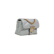 Pinko grey leather handbag with light gray quilted leather crossbody design gold-tone chain strap and bird-shaped clasp