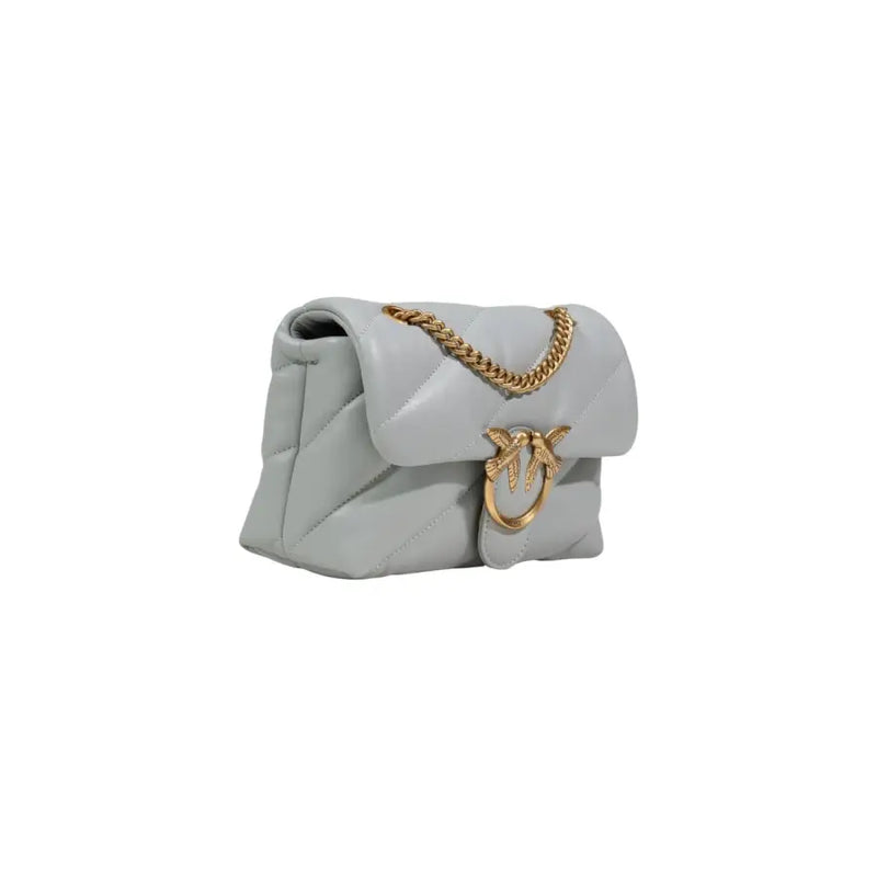 Pinko grey leather handbag with light gray quilted leather crossbody design gold-tone chain strap and bird-shaped clasp