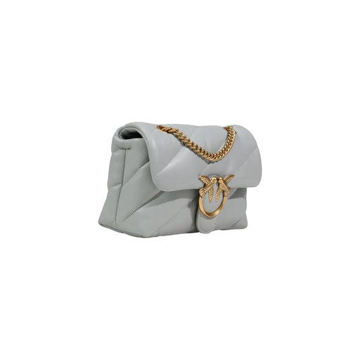 Pinko grey leather handbag with light gray quilted leather crossbody design gold-tone chain strap and bird-shaped clasp