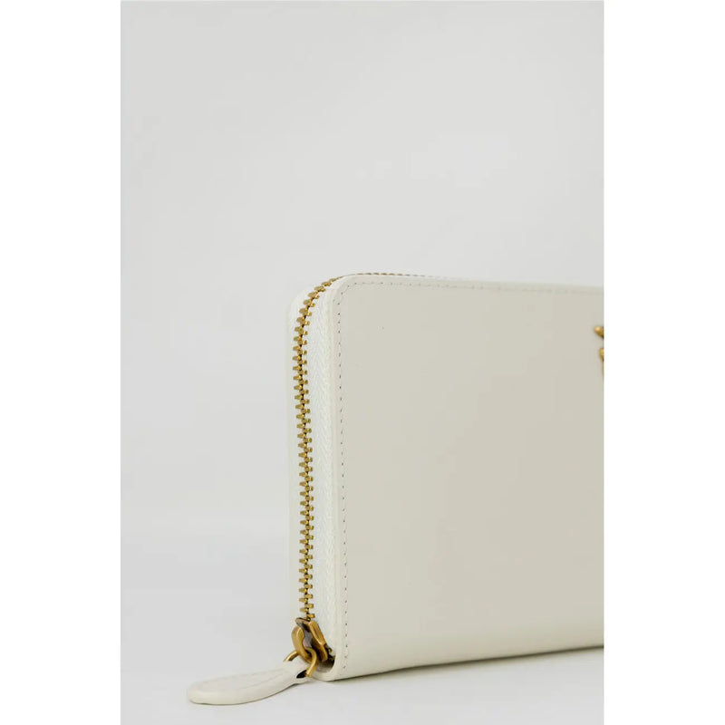 Pinko women beige leather zip around wallet with cream-colored leather, gold-toned zipper, and matching pull tab