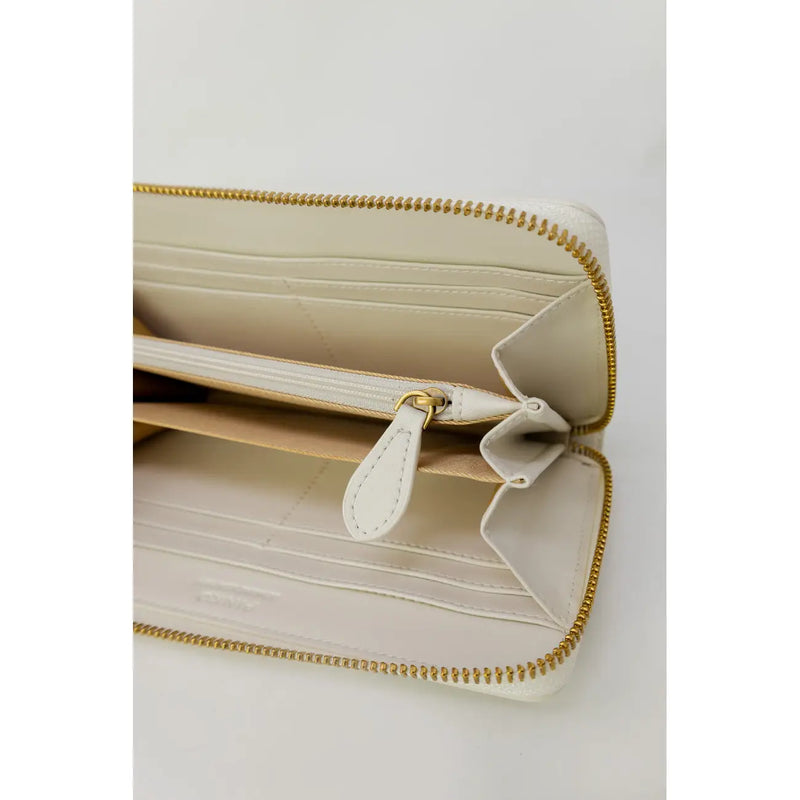 Pinko women beige leather zip around wallet with cream leather and gold toned zipper and matching pull tab