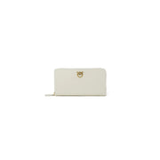 Pinko women beige leather zip around wallet with cream color and gold tone bird shaped clasp