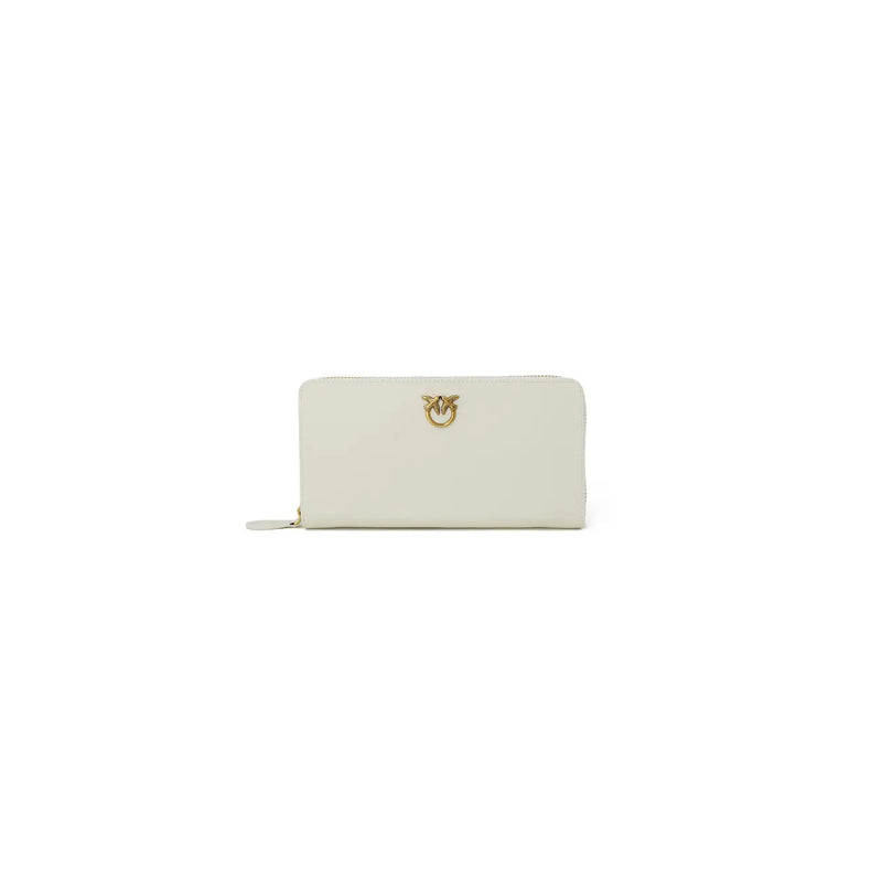 Pinko women beige leather zip around wallet with cream color and gold tone bird shaped clasp