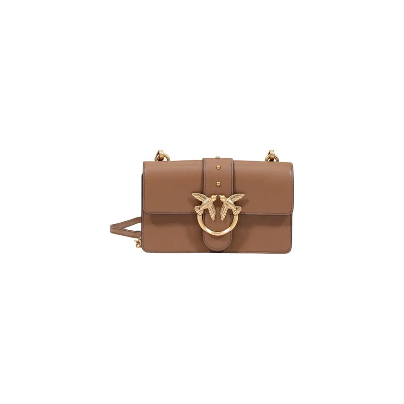 Pinko women beige polyurethane crossbody bag 21cm with tan leather, gold-tone bird clasp, and matching hardware