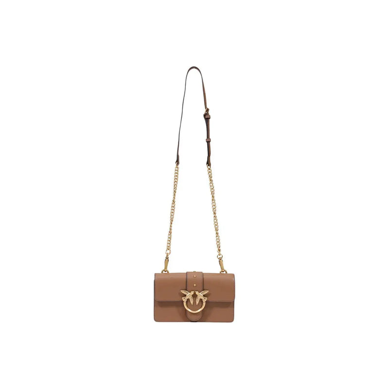 Pinko women beige polyurethane crossbody bag 21cm with tan leather front flap gold-tone bird clasp and chain strap
