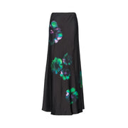 Pinko women black satin maxi skirt with vibrant green and purple floral prints and a zip closure