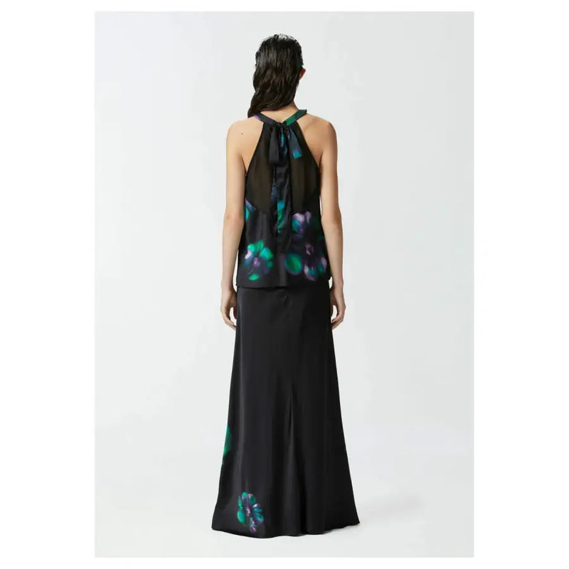 Pinko women black satin maxi dress with halter neckline and teal and purple floral print for elegant occasions