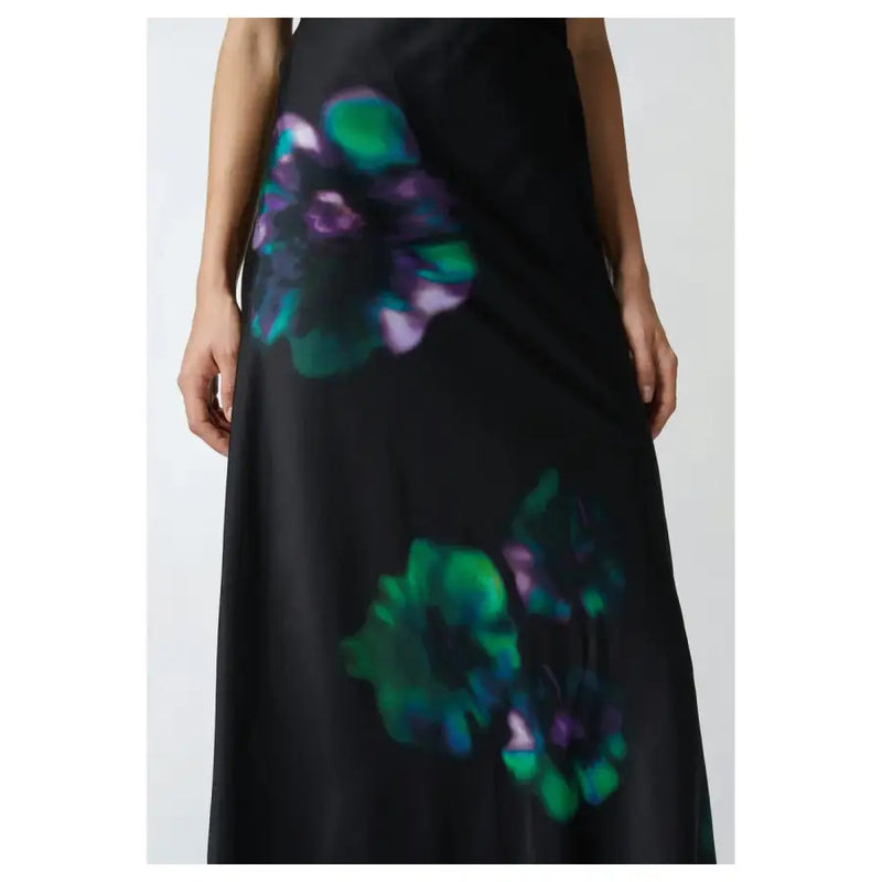 Pinko women black satin maxi skirt with vibrant emerald green and deep purple abstract floral prints and zip closure