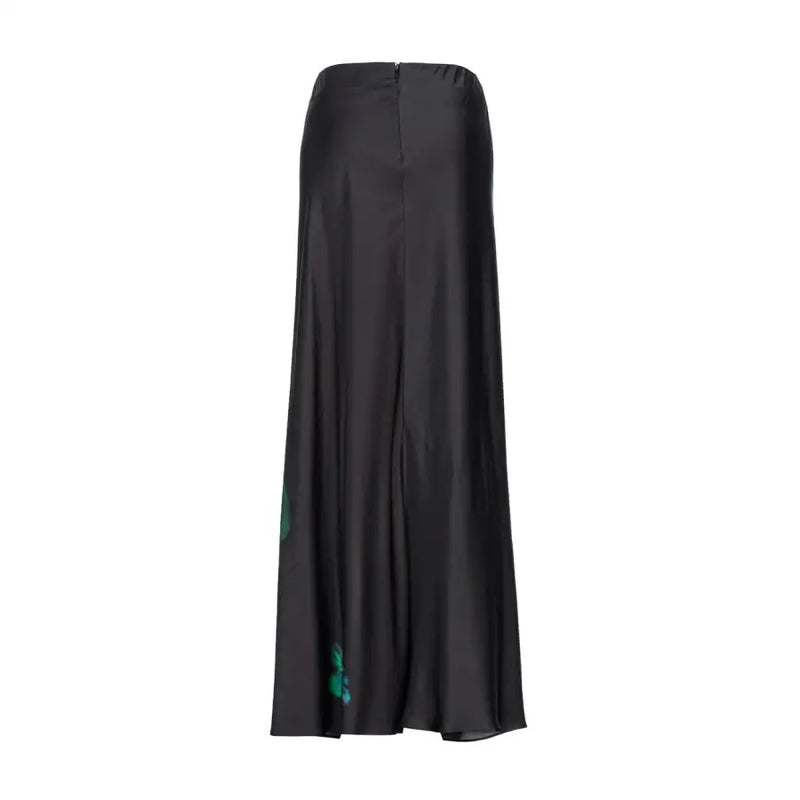 Pinko women black satin maxi skirt with subtle green floral embroidery along the side seam and zip closure